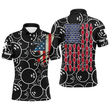 Custom American Flag Black USA Bowling Short Sleeve Shirt Men's Polo Shirt