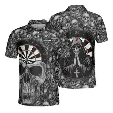 Custom Name Dart Shirt Dartboard Mystical Skull Design Men's Polo S-5XL