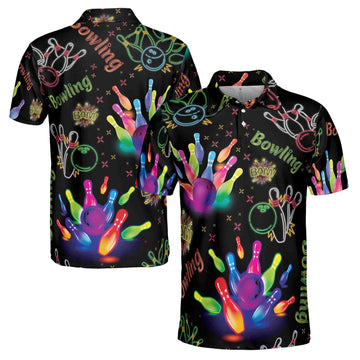 Funny Bowling Ball Colorful Neon Bowling Pins Men's Polo Shirt S-5XL