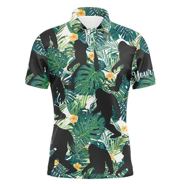 Personalized Bigfoot Custom Name Green Tropical Leaves Golf Men's Polo Shirt S-5XL