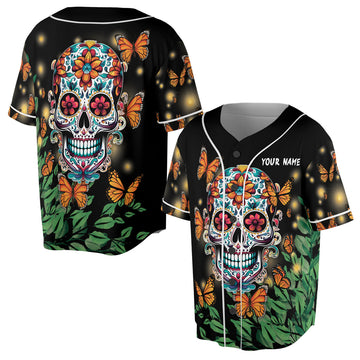 Custom Name Skull Butterfly Floral Baseball Jersey S-5XL