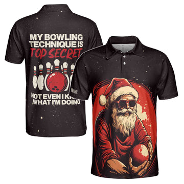 Funny Santa Bowling My Bowling Techniques Is Top Secret Men's Polo Shirt S-5XL