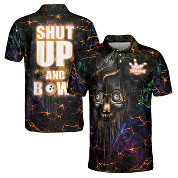Customize Name Skull Bowling Shut Up And Bowl Lighting Bowling Men's Polo Shirt S-5XL