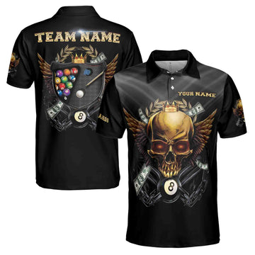 Customize Name Team name Golden Skull Billiard Skeleton 8 Balls Pool Men's Polo Shirt S-5XL