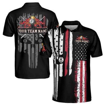 Customize Name Team Name Retro Patriotic American Skull Pool Gift Billiard 3D Polo Shirt Size S-5XL