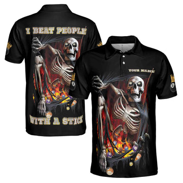 Customize Name I Beat People With A Stick Skeleton Billiard Pool Men's Polo Shirt S-5XL