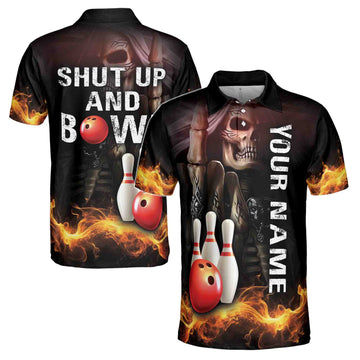 Customize Name Skull Bowling Shut Up And Bowl Flame Men's Polo Shirt S-5XL