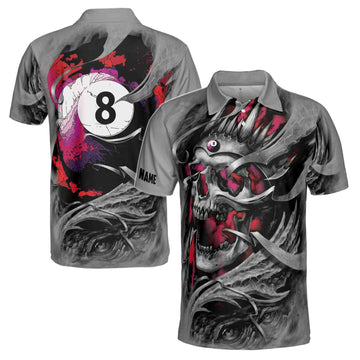 Custom Name Gray Skull Billiard 8 Balls Skeleton Pool Men's Polo Shirt S-5XL