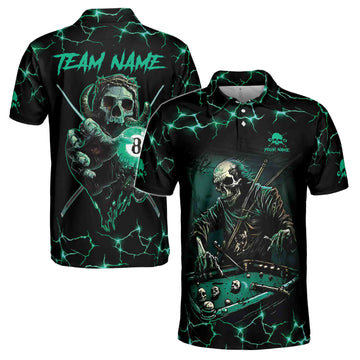Custom Grunge Skull Billiard Skeleton 8 Balls Pool Men's Polo Shirt S-5XL