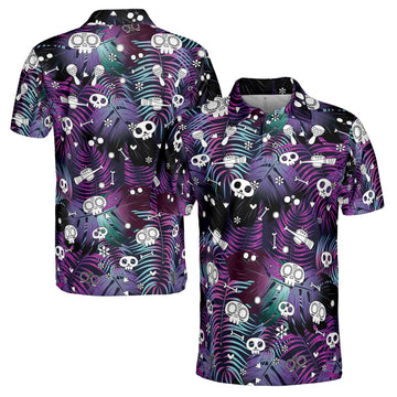 Funny Skull Bone Bowling Trumpet Tropical Jungle Leaves Men's Polo Shirt S-5XL