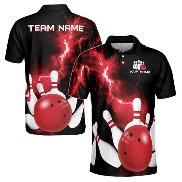Custom Name Team Name Splash Lightning Bowling Ball Men's Polo Shirt S-5XL