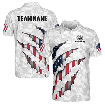 Custom Name Team Name American Flag Bowling Men's Polo Shirt S-5XL