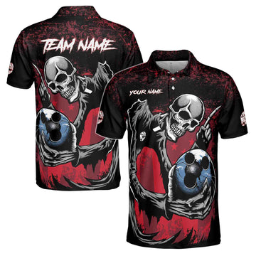 Custom Name Team Name Horrified Skull Bowling Ball Men's Polo Shirt S-5XL