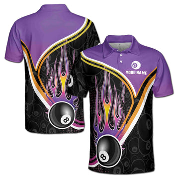 Customized Name Billiard 8 Balls Purple Pool Lover Men's Polo Shirt S-5XL
