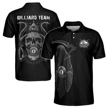 Custom Name, Team Name Gostly Skull Death Billiard 8 Ball Men's Polo Shirt S-5XL