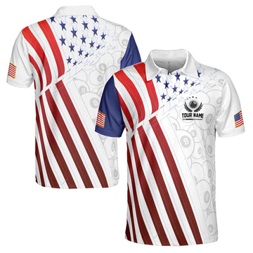 Custom Name Billiard 8 Balls Pool Player Gradient American Flag Men's Polo Shirt S-5XL
