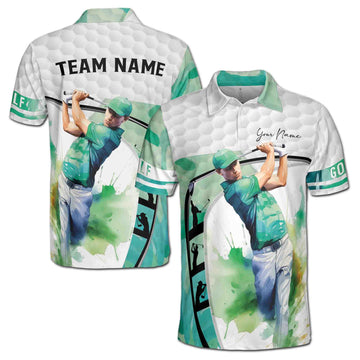 Personalized Green Watercolor Man Golfer Team Men's Polo Shirt S-5XL