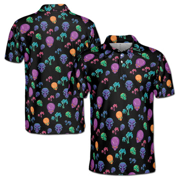 Funny Neon Alien and Palm Tree Tropical Golf Men's Polo Shirt S-5XL