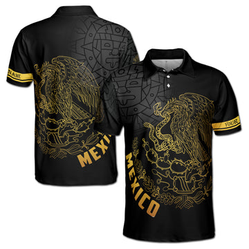 Custom Name Mexico Tribal Aztec Eagle Coat of Arms National Pride Men's Polo shirt S-5XL