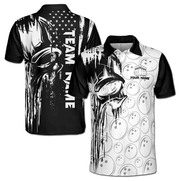 Skull Bowling Custom Team's Name American Grunge Flag Men Polo Shirt S-5XL