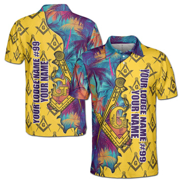Custom Masonic Freemasonry Hawai Tropical Pattern Men's Polo Shirt S-5XL
