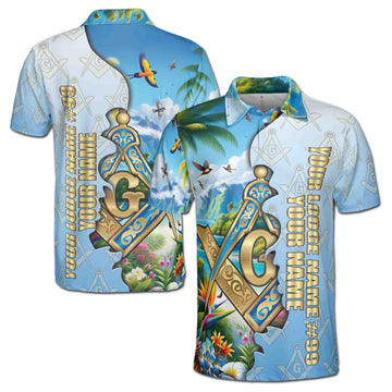Custom Masonic Freemasonry Blue Tropical Nature Men's Polo Shirt S-5XL