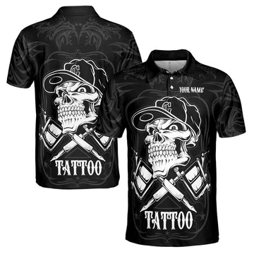 Custom Name Proud To Be A Tattoo Artist Skull Men's Polo Shirt S-5XL