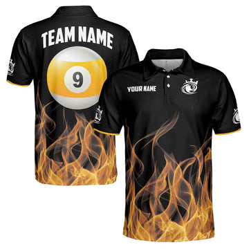 Custom Name Billiard On Flame 9 Balls Men's Polo Shirt S-5XL