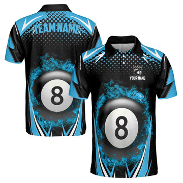 Personalized Blue Billiard Team 8 Balls On Fire Men's Polo Shirt S-5XL