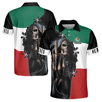 Custom Name Mexico Skull Reaper Mexico Flag National Pride Men's Polo Shirt S-5XL