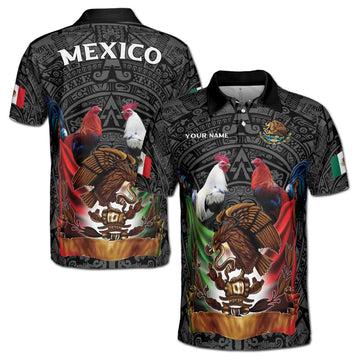 Custom Name Mexico Tattoo Tribal Mexico Coat of Arms National Pride Men's Polo Shirt S-5XL