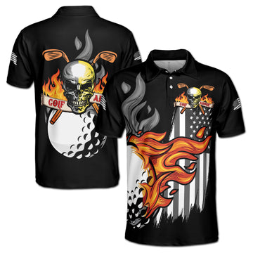 Dark Skull Golfer Golf Aholic On Fire Men's Polo Shirt S-5XL
