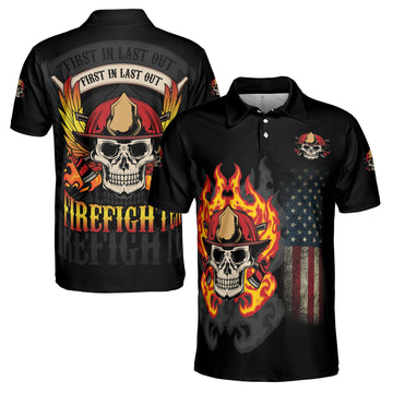 Skull Firefighter First In Last Out Grunge Men's Polo Shirt S-5XL