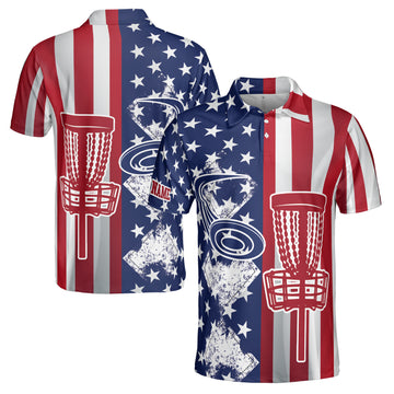 Custom Name America Flag Pattern Play Disc Golf Men's Polo Shirt S-5XL