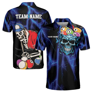 Personalized Blue Lightning Skull Love Billiard Men's Polo Shirt S-5XL