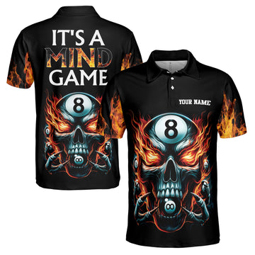 Custom Name It's A Mind Game Skull 8-Balls Billiard Men's Polo S-5XL