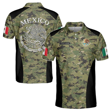 Custom Name Pixel Camo Mexico Coat of Arms Mexico Patriotic National Pride Men's Polo Shirt S-5XL