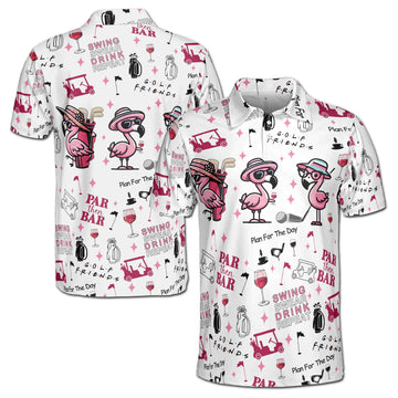 Funny Flamingo Swing Swear Drink Repeat Men's Polo Shirt S-5XL