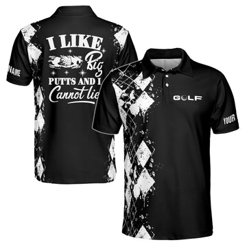 Custom Name Golf I Like Big Putts Cannot Lie Black Argyle Men's Polo S-5XL