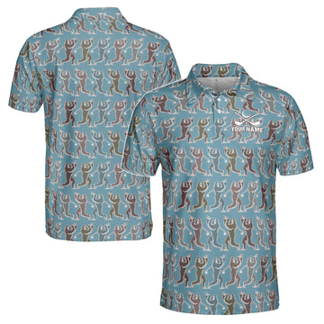 Custom Name Bigfoot Monkey Golf Ocean Blue Men's Polo S-5XL