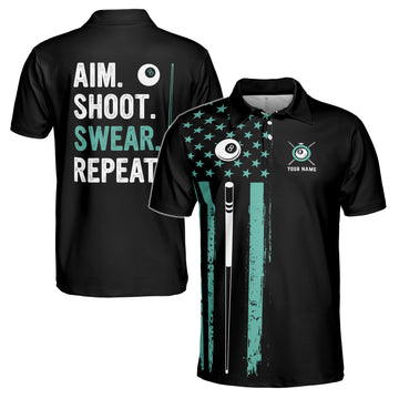 Custom Name Billiards Aim Shoot Swear Repeat 8-Ball Design Men's Polo S-5XL