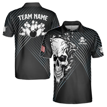 Custom Name Bowling Skull Design American Flag Men's Polo S-5XL