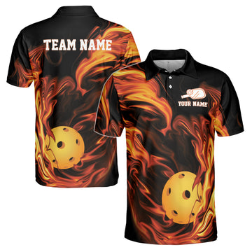 Personalized Name Pickleball On Fire Team Player Men's Polo Shirt S-5XL