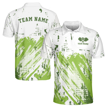 Custom Name Funny Pickleball White Green Stripes and Dots Men's Polo Shirt S-5XL
