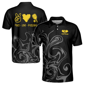 Custom Name Peace Love Pickleball Marble Pattern Men's Polo Shirt S-5XL
