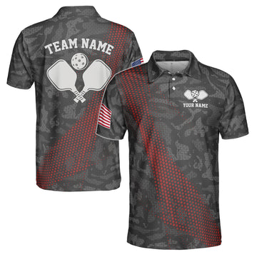 Customized Name Gray Camouflage American Flag Pickleball Men's Polo Shirt S-5XL