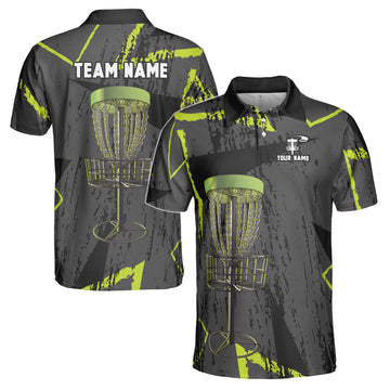 Custom Name Team Disc Golf Grunge Black Green Pattern Men's Polo Shirt S-5XL