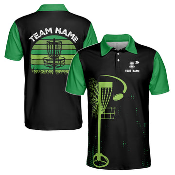 Custom Name Team Disc Golf Retro Black Green Pattern Men's Polo Shirt S-5XL