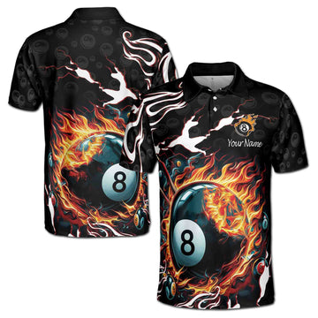 Customized Name Flaming 8-Ball Billiards on Fire Men's Polo Shirt S-5XL