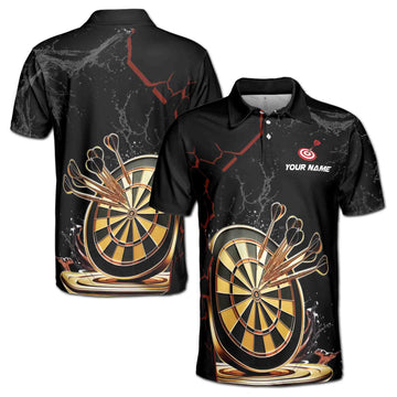 Custom Name Golden Darts Team Black Men's Polo Shirt S-5XL